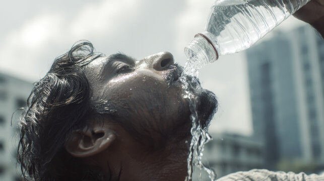 A young Indian man refreshes himself by pouring water over his face to combat the scorching summer heat. The urban landscape serves as a backdrop on a sunny day