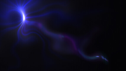 Blue color glowing bright light with optical lens flares on black background