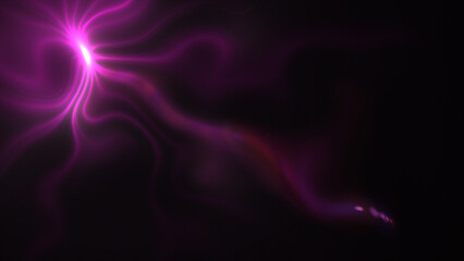 pink color glowing bright light with optical lens flares on black background