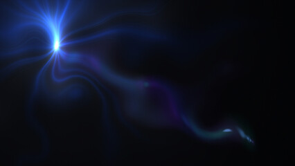 Royal blue color glowing bright light with optical lens flares on black background