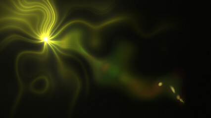 Yellow color glowing bright light with optical lens flares on black background