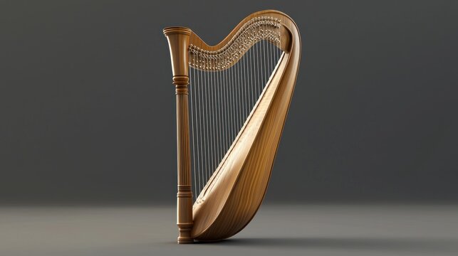 A wooden harp with a dark wooden body and silver strings against a dark background.