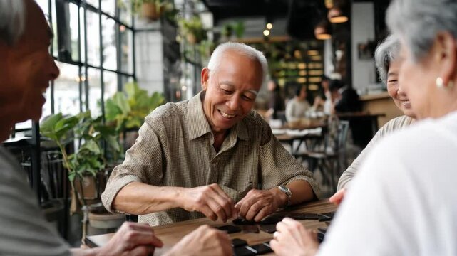 A joyful gathering of older adults enjoying a board game at a cozy cafe, showcasing friendship and shared moments.