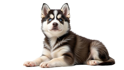 Obraz premium Happy Dog Moments with Toys and Joy Cute puppy with striking blue eyes lying down. isolated png on a transparent background perfectly cutout