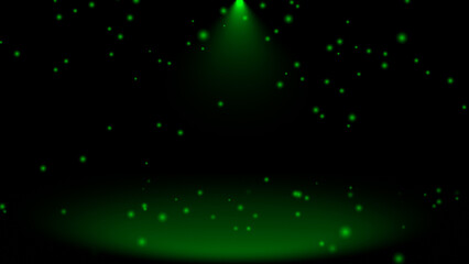 Abstract shinny light rays and particles falling on floor, Green optical flares dark background