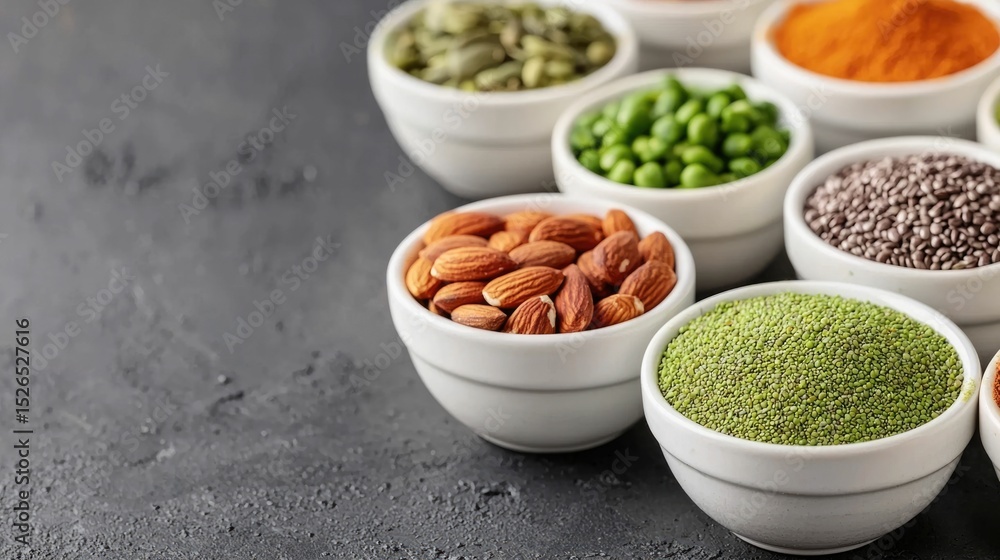 Aufkleber assortment of different types of nuts and seeds including almonds pumpkin seeds flax seeds chia seed