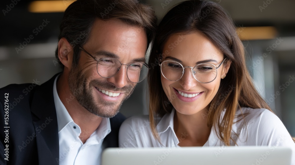 Aufkleber a man and a woman are smiling at a computer screen