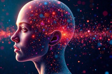 Colorful abstract representation of a human head with cosmic elements floating around in a dark environment