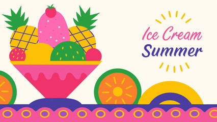 A whimsical ice cream summer treat bursting with colorful fruits in a patterned bowl and light color