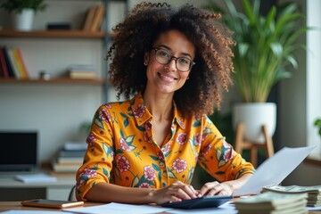 Confident and Determined Female Accountant in Colorful Attire Working with Money and Calculator