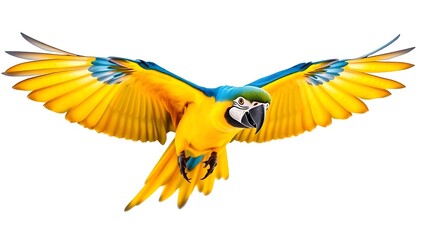 Vibrant blue and gold macaw spreading wings in flight against a clean white background
