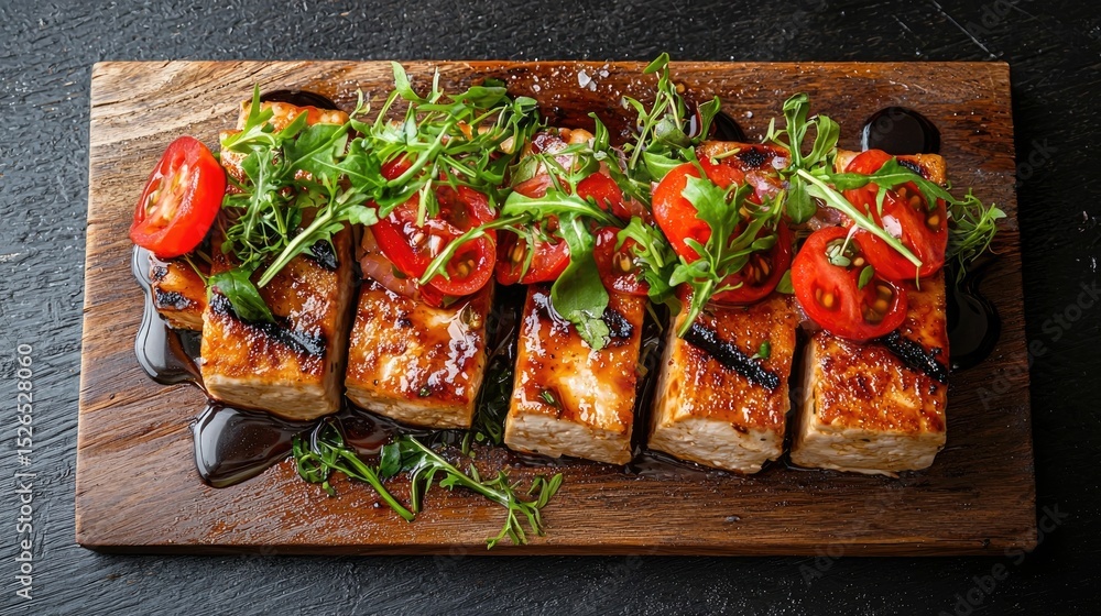 Poster close up image of sliced calcium enriched tofu arranged on a simple wooden board accompanied by fres