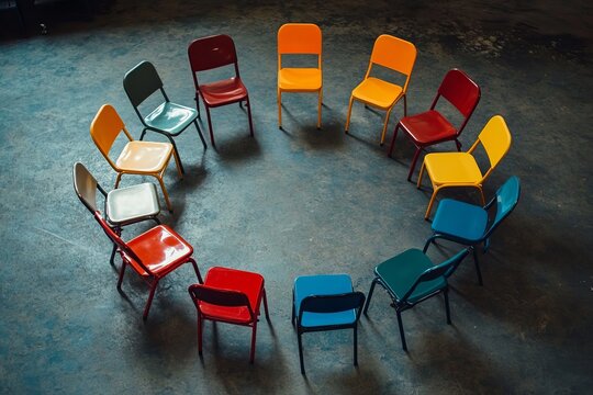 Colorful chairs circle arrangement meeting collaboration teamwork discussion group therapy concept