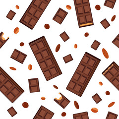 Seamless Pattern with Chocolate Bars, Pieces, and Coffee Beans on White Background – Vector Design for World Chocolate Day, Dessert, Coffee, Textile, Packaging and Holiday Decor

