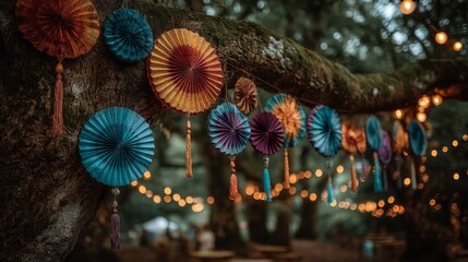 Colorful Paper Decorations Hanging From Tree Branches at Night