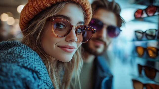 A stylish woman in sunglasses and a beanie smiles at the camera while shopping with a man at a sunglasses store.