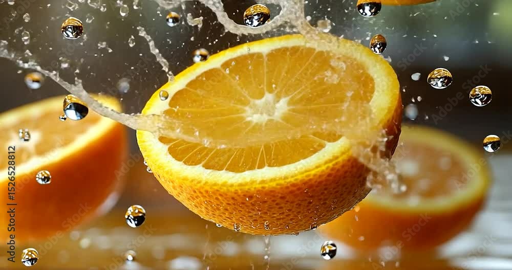 Poster close-up of fruit slices with water droplets and splash against a blurred background. the scene uses