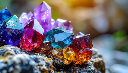 Colorful gemstones in nature. Precious stones.