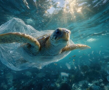 sea turtle entangled in floating transparent plastic bag