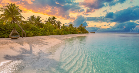 Panoramic tranquil closeup calm sea waves palm trees. Beautiful sunrise sky sunset sunlight. Tropical island beach landscape exotic shore coast. Summer vacation tourism amazing nature. Relax paradise