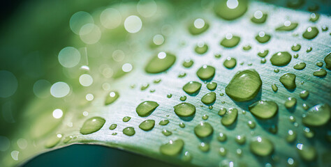 Closeup drops of dew in morning glow sunshine. Beautiful green leaf, nature background texture. Soft blue green pastel colors relaxing bright peaceful rain drops macro foliage. Natural plant lush