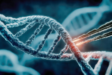DNA double helix structure with glowing elements and scientific instruments in a laboratory setting