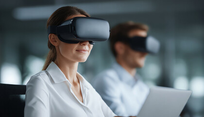 Office workers using VR headsets, smiling confidently while interacting with virtual reality technology in modern office