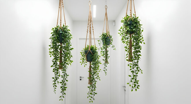 Bohemian Greenery Hanging, A Serene Hallway with Lush Potted Vines