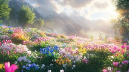 Obraz premium Vibrant Wildflower Meadow with Blooming Flowers in Bright Sunlight Surrounded by Green Trees and Mountain Misty Background on a Beautiful Sp Day
