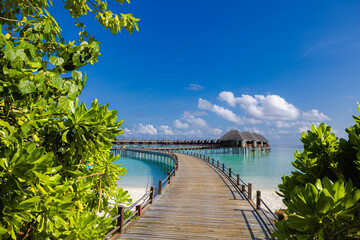 Stunning Maldives water villas wooden pier over turquoise sea bay picturesque summer landscape. Amazing luxury travel tropical beach vacations. Honeymoon tourism destination paradise, sunny blue sky