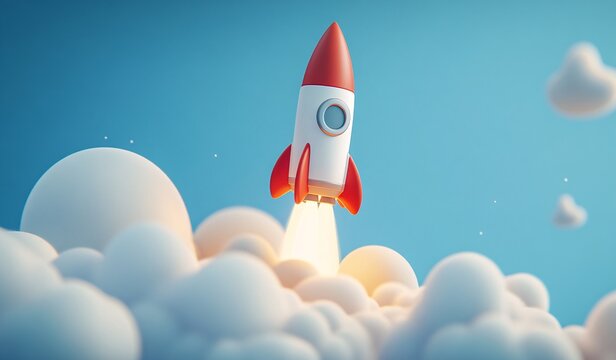 3d illustration rocket with clouds - Powered by Adobe
