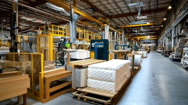 Furniture factory with sofas and various equipment