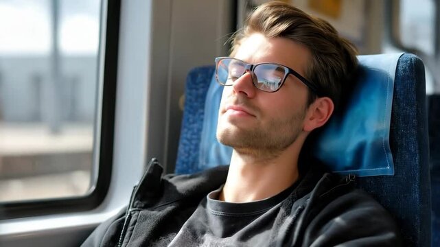Commuter naps in train seat with glasses on, showing tired traveler during daily journey