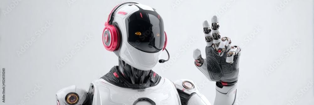 Poster 3d robot serving as bank support agent offers assistance with a friendly wave and bright headset in 