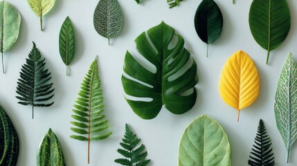 Green and Yellow Leaves Flatlay on White Background