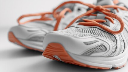 Close-up of modern athletic running shoes with breathable mesh upper cushioned sole and vibrant orange laces designed for sports fitness and outdoor activities