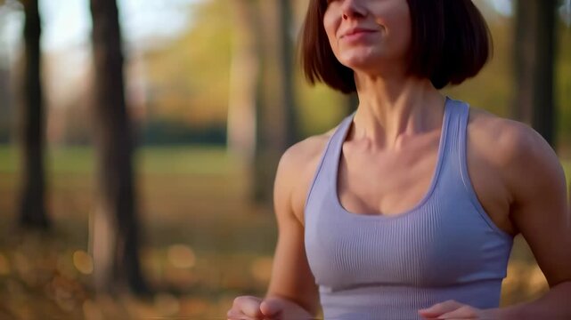 A fit adult woman with a dark bob haircut smiles brightly while running outdoors in an autumnal park.