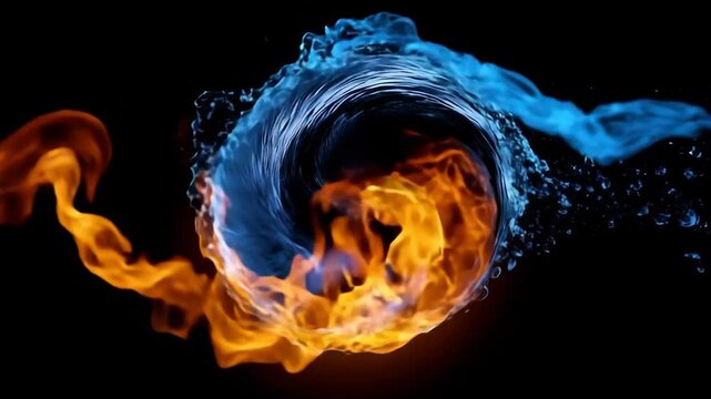 Yin-yang swirl forged from opposing fire and water streams illustrates balanced elemental harmony
