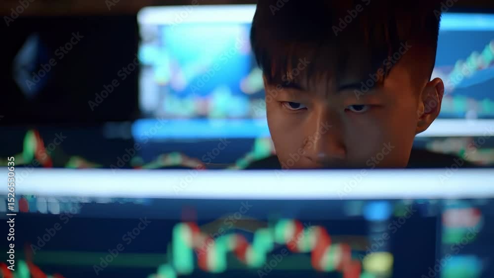 Poster a man is looking at a computer screen with a lot of numbers on it. he is focused and he is working o