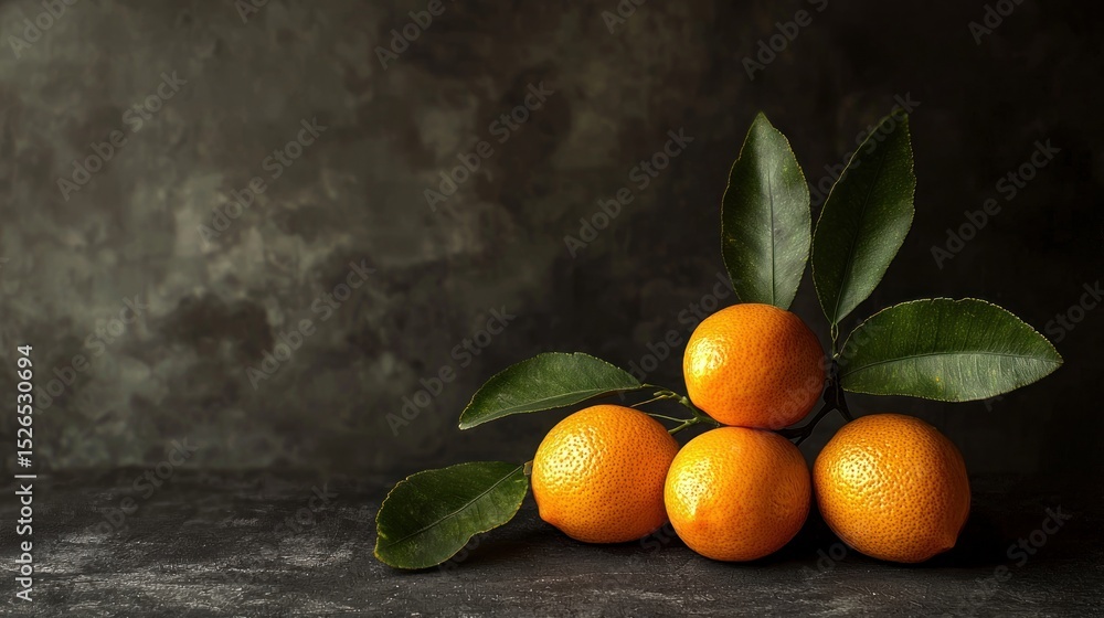 Poster four oranges with leaves on a dark background.