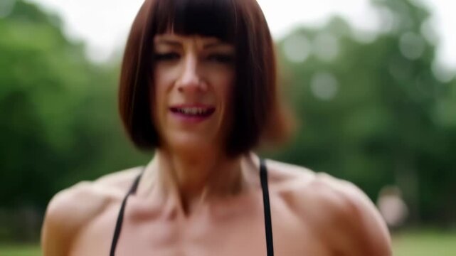 An athletic woman with a dark bob and bangs intensely jogs towards the viewer, her muscular definition clear in a black sports top.
