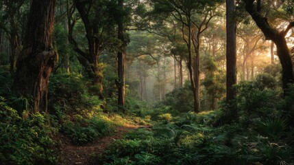 Sunlit Forest Path: Lush Green Trees and Golden Sunlight