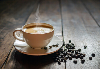 Coffee cup and coffee beans on wooden table, Espresso Crema coffee cup aromatic