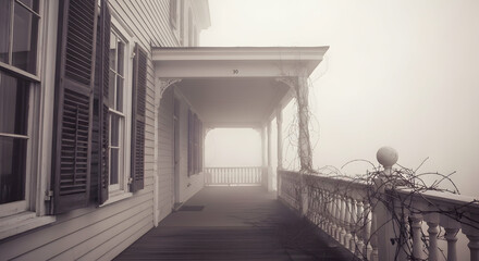 Obraz premium Eerie Vintage House Porch Disappearing Into Thick Fog And Hanging Ivy