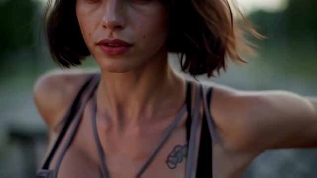 A young adult woman with a dark bob haircut and bangs, dressed in a grey strappy sports top, offers an intense gaze before turning and moving away. Shot outdoors with a blurred background at twilight.