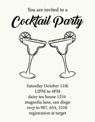 Hand drawn cocktail party invitation set. Vintage vector line illustrations for celebration, event, bar menu, or party decor.