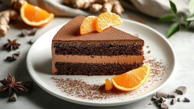 Delicious rich chocolate layer cake with smooth chocolate frosting garnished with fresh orange slices served on white plate surrounded by spices and chocolate chips - Powered by Adobe