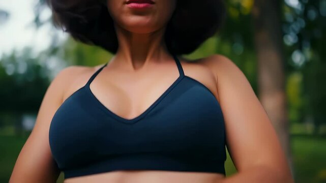 Closeup of a smiling young adult woman in a sports bra, her dark hair bouncing as she moves energetically towards the viewer in a green park.