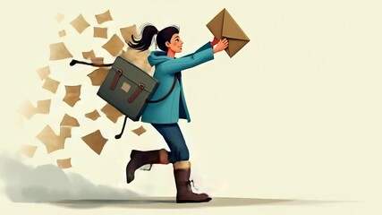 Postwoman chases wind-blown mail and catches it mid-air with confidence in a lively neighborhood