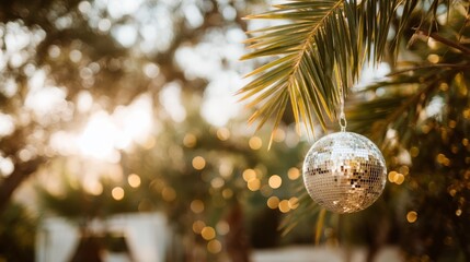 Lowangle view of a silver disco ball hanging from a palm frond in tropical sunlight with reflective golden and green hues, creating a festive and vibrant atmosphere, copy space on left